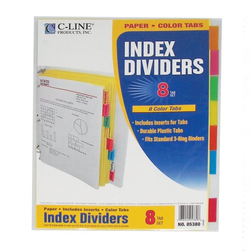 C-Line Colored Tab Paper Index Dividers, Multi-color, 8-Tabs, Fits Standard 3-Ring Binder (05380)