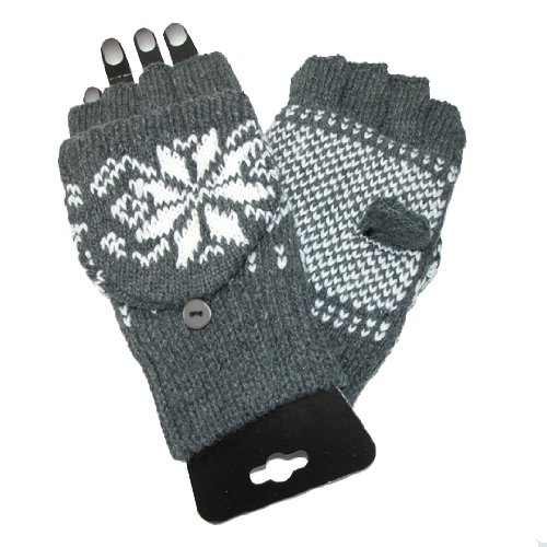 Alkii Snow Flake Thermal Insulation Fingerless Texting Gloves with Mitten Cover, Grey