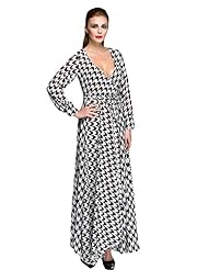 Sexy V-neck Chiffon Full Length Long Sleeves Houndstooth Print Club Dress/Party Dress/Maxi Dress 