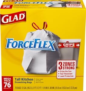 Glad ForceFlex Tall Kitchen Drawstring Trash Bags, 13 Gallon, 76 Count