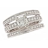 14K White Gold Princess Cut Diamond Engagement Ring Wedding Band Antique Design Bridal Set (1 Carat, SI1 Clarity, G Color)
