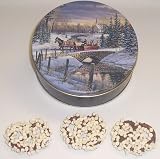 Scott's Cakes Milk Chocolate Covered Pretzel with White Chocolate Chips in a Mini Sleigh Ride Tin