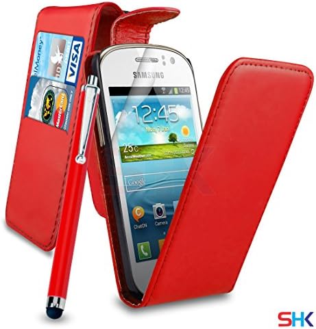 Samsung Galaxy Fame Premium Leather Red Top Flip Wallet Case Cover Pouch + Big Touch Stylus Pen + Screen Protector & Polishing Cloth SVL2 BY SHUKAN®, (FLIP RED)