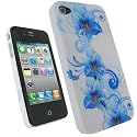igadgitz Hartschalentasche Hardcase Etui Tasche Case Hülle Schutzhülle in Weiß und mit Motif Blumen in Farbe Blau für Apple iPhone 4 HD 16gb & 32gb + Selbstklebende Display Schutzfolie
