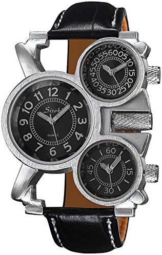 BlueVega Men's Three Time Zone Multi Movement Watch Casual Belt Quartz Watches-Black