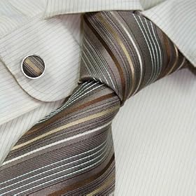 S2047 Designer Hand Made Brown Necktie Cufflinks Set Green Stripes Ties for Men Jacquard Woven Pure...