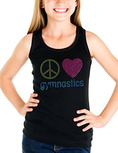 Activewear Apparel Big Girls 'Peace Love Gymnastics' Rhinestone Tank Top (Small, Black)
