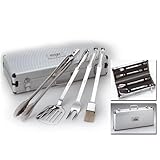 All-Clad T147 BBQ Tool Set with Stainless Steel Tongs/Spatula/Fork/Brush in 19 by 8 by 4-Inch Carrying Case, Silver