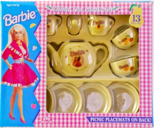 1994 - Mattel / Chilton Toys - Barbie 13 Piece Real China Tea Party Set - Yellow w/ Barbie Decorations - Mint/ Rare - Out of Production - Limited Edition - Collectible