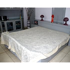Indian Boho Handmade Silk Thread Embroidery Mirror Work Cotton King Size Double Bedspread Bed Sheet Cover