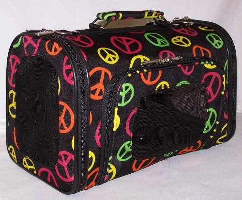 Designer Dog Carrier - Luggage Style Pet Carrier - Black with Multi Colored Peace Signs - Medium