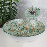 Tophome 洗面鉢彩色上絵 手洗い器　手洗器 排水金具付 蛇口付き 洗面台 洗面ボール ガラス 洗面ボウル 蛇口セット　強化ガラス製 手洗い器おしゃれ