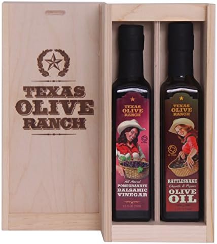 Texas Olive Ranch Pomegranate Vinegar and Rattlesnake Olive Oil Gift Set with Wood Box