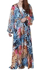 Beaded  Tropical Print Cotton Long Sleeves  Dress With Ruffles