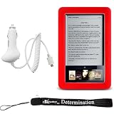 Slim High Quality Durable Silicone Skin Case Custom Made For Barnes & Noble Nook eBook Reader (RED) + Includes a 4-Inch eBigvalue Determination Hand Strap + Easy Travel Car Charger
