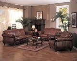2 PCs Classic Brown Leather Sofa and Loveseat with Neilhead Trim Set