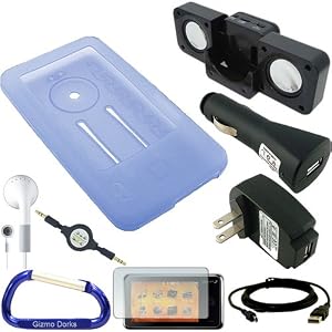 Premium Combo Pack: Rubberized (Blue) Silicone Skin Case, Screen Protector / Guard, USB 2in1 Sync / Charging Cable, Car Charger, Wall / Travel Charger, Earphones, Cube Foldable Speaker Dock, 3.5mm Retractable Auxiliary Stereo Cable, and Free Carabiner Key Chain for the Creative Zen X-Fi2