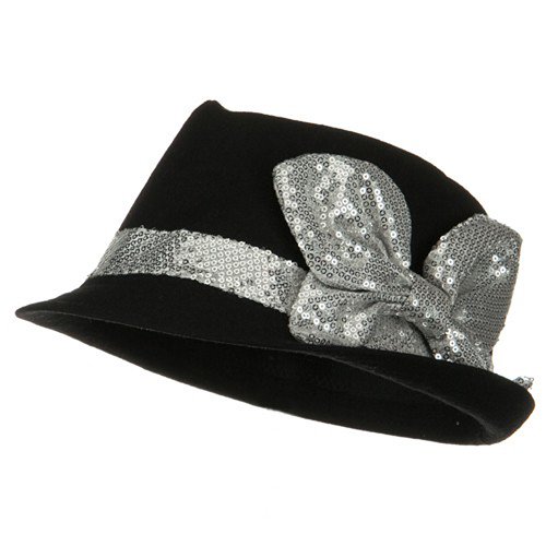 Sequin Band Bow Tweed Fedora Hat - Black Silver W19S37F