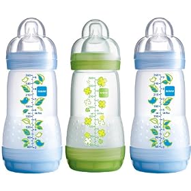 MAM Self Sterilising Anti Colic Bottles 260ml (3-Pack, Blue/Green)
