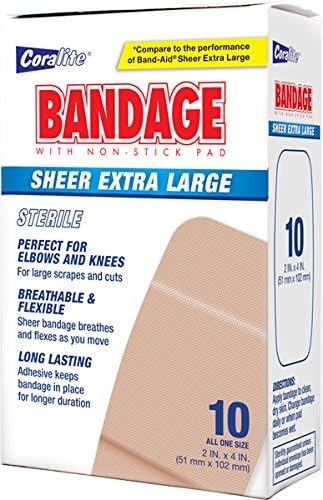 Sterile Adhesive Bandages Sheer Extra Large Jumbo KNEE &amp; ELBOW , 2" X 4", 10 Count