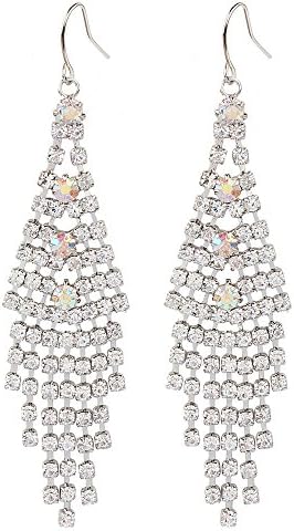 New Xiloo Rhodium Tone Wedding Bridal Chandelier Crystal AB Rhinestone Fringe Fish Hook Dangle Earrings