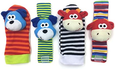 Baby Infant Socks Toys Wrist Rattles and Foot Finders Set Developmental Soft Toys 4 Pcs,Puppy&Cow