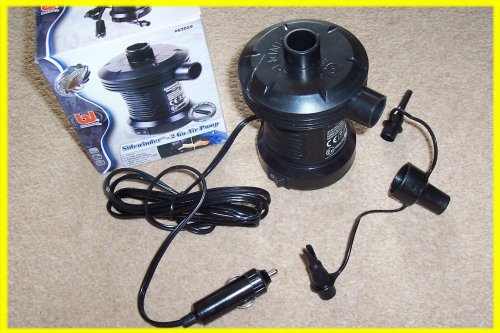 Childrens Toyshop  Outdoor Living : 12 VOLT AIR PUMP, VARIOUS VALVE SIZES INCLUDED, HIGH FLOW AIRPUMP INFLATER FOR AIRBEDS PADDLING POOLS AND INFLATABLES. PLUGS INTO CAR CIGARETTE LIGHTER SOCKET