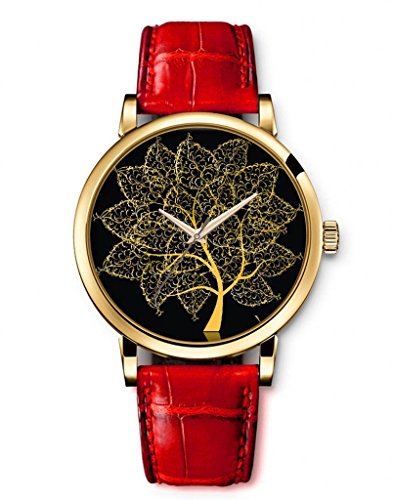 iCreat Montre Femme Quartz Bracelet Cuir Rouge Etanche - Arbre Doré