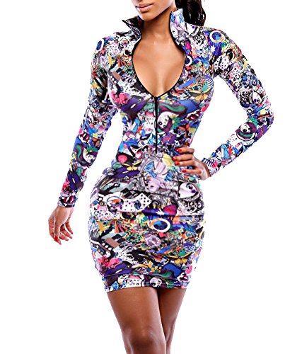 Sexy Women's Geometric Print Zipper Long Sleeve Bodycon Party Mini Dress