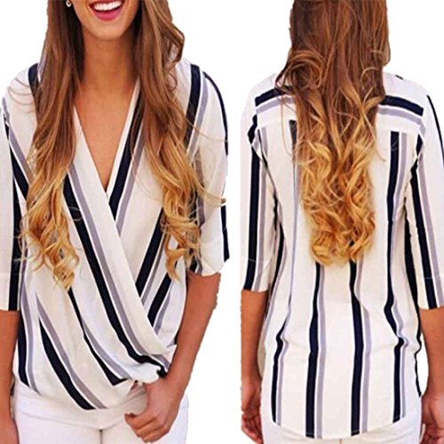 Sunward(TM) Sexy V-neck Half Sleeve Loose Striped Beach T-shirt Women