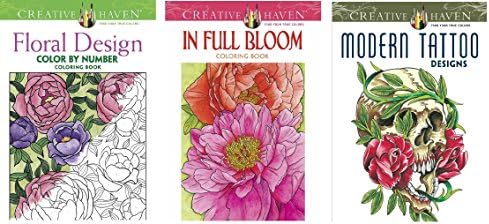 Adult Coloring Book Flowers Bundle - 1 Each Creative Haven Floral Design, In Full Bloom and Bonus Modern Tattoo Designs