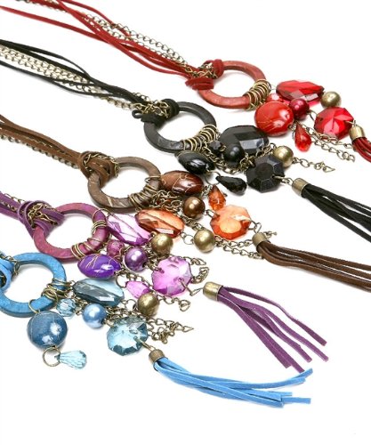 Improving Lifestyles Long Necklace O Ring with Beads and Tassle Blue
