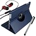 ASleek Dark Blue Leather 360 Degree Rotating Smart Case Cover with Earphone & Stylus for Apple iPad 2 2nd Generation