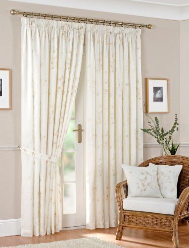 Creative Interiors Fuji Lined Embroidered Floral Ready Made Curtains 90" x 90" (229cm x 229cm) in Champagne / Ivory with a Pencil Pleat Tape Top