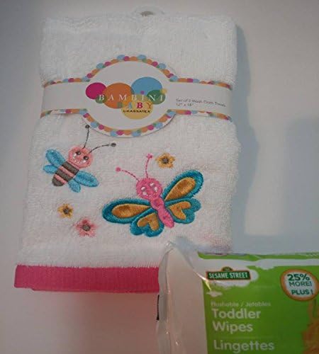Embroidered, Kassatex, Bambini, Baby, Washcloth, 12" x 18" 100% Cotton: Free package of Flush-able Sesame Street Baby Wipes Included (Color and Image May Vary)