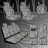 New Premium Grade 15 Pieces Zebra Print Low Back Front Car Seat, Rear Bench Cover with Head Rest Cover and 4 Pieces Floor Mats Set
