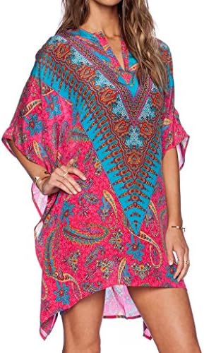 Attractive Look Women V Neck Tropical Retro Print Beach Tunic Cover Up S