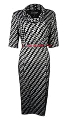 Houndstooth Print Polyester/Rayon/Spandex Short Sleeves Sheath Belted Cocktail Above the Knee Mini Dress 