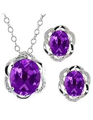 6.87 Ct Oval Purple Amethyst Gemstone 14k White Gold Pendant Earrings Set