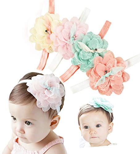 DANMY Baby Girl Super Stretchy Headband Big Lace Petals Flower Baby Hair Band Newborn Hair Accessories(4PCS)