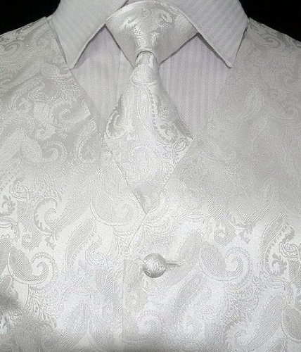 TheDapperTie Silk Vest Set:White Paisley 75HVS(Size: M)