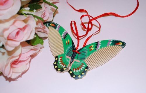 Green Black Wood Butterfly Comb, Multi Color Hand Craft, Hand Painted Boxwood Hair Comb, Great Gift