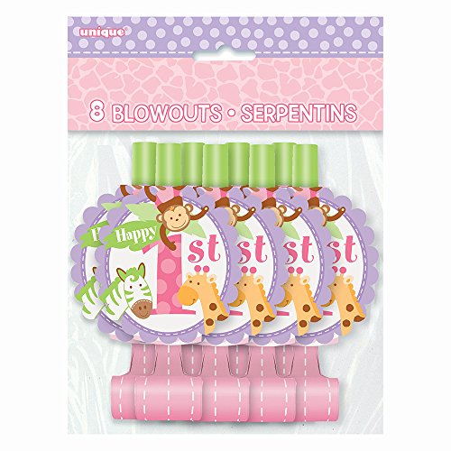 Pink Safari First Birthday Party Blowers, 8ct