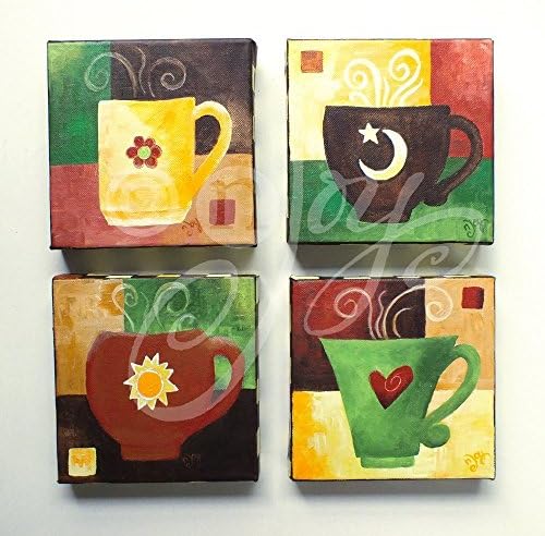 4 Coffee Mugs, Set of 4 6"x6"x1.5" acrylic paintings on gallery wrapped canvas, by nJoyArt. This 1 of a kind set is ready to ship.