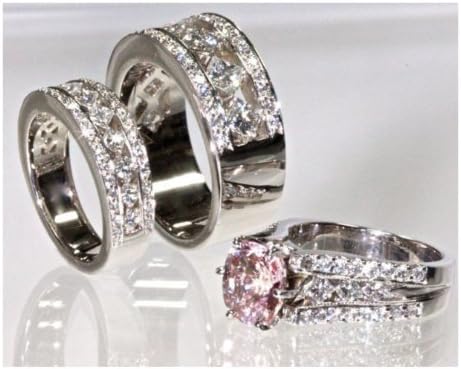 6.5 cttw 18k White Gold Diamond Pink Sapphire Engagement Ring Channel His and Her Trio (Sizes 5-13)