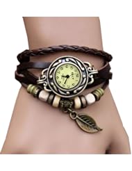 Classic Quartz Fashion Leaves Weave Wrap Around Leather Bracelet Classic Elegant Leather Strap Roma Number Lady Woman Wrist Watch (brown)