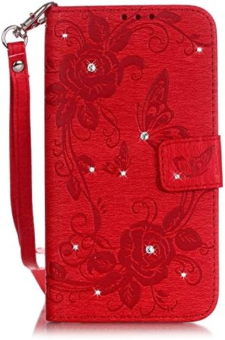 iPhone 7 Wallet Case,QFJ [ Wrist Strap ] Embossed [ Spot drilling ] Premium PU Leather Wallet [ Card Slots ] Flip Stand Case Cover for Apple iPhone 7 (4.7 inch) 2016 (Red)