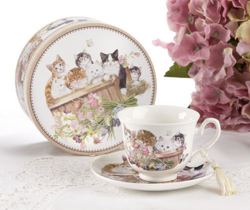Porcelain Tea Cup and Saucer in Gift Box - Cats