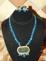 Womens Jewelry Gold Plated Blue Beads Indian Style Traditional Necklace Jewelry Set 3pc Free Shipping