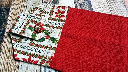 Poinsettia Christmas Fabric Topped Textured Red Hanging Towel perfect for Kitchen or Bathroom